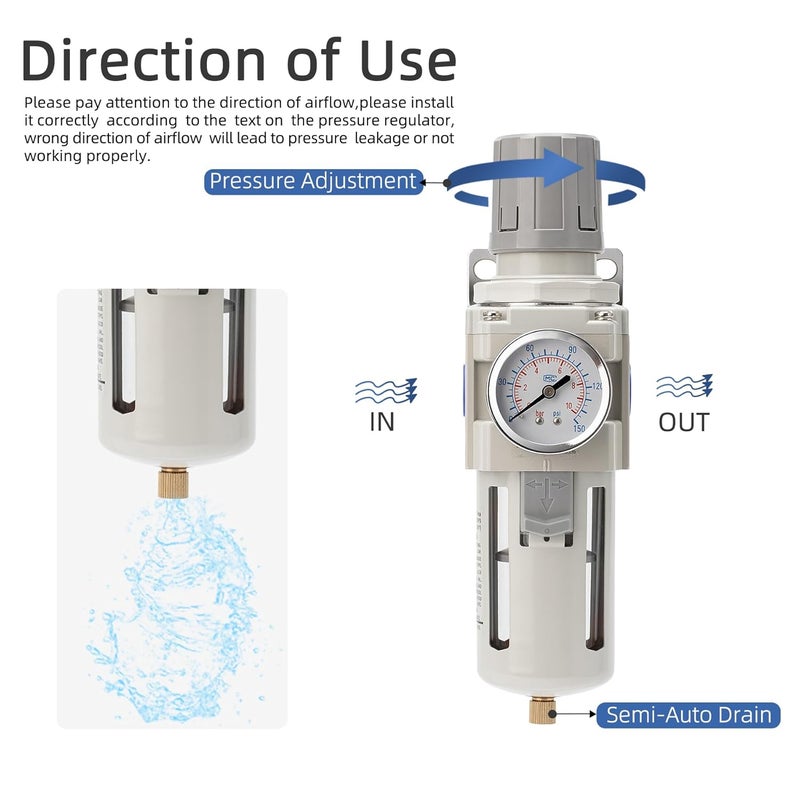 LNCHKA Air Compressor Water Separator Filter 1/2" NPT 150 PSI,Compressed Filter Regulator Combo,5 Micron Moisture Trap for Pneumatic Tools - Image 5